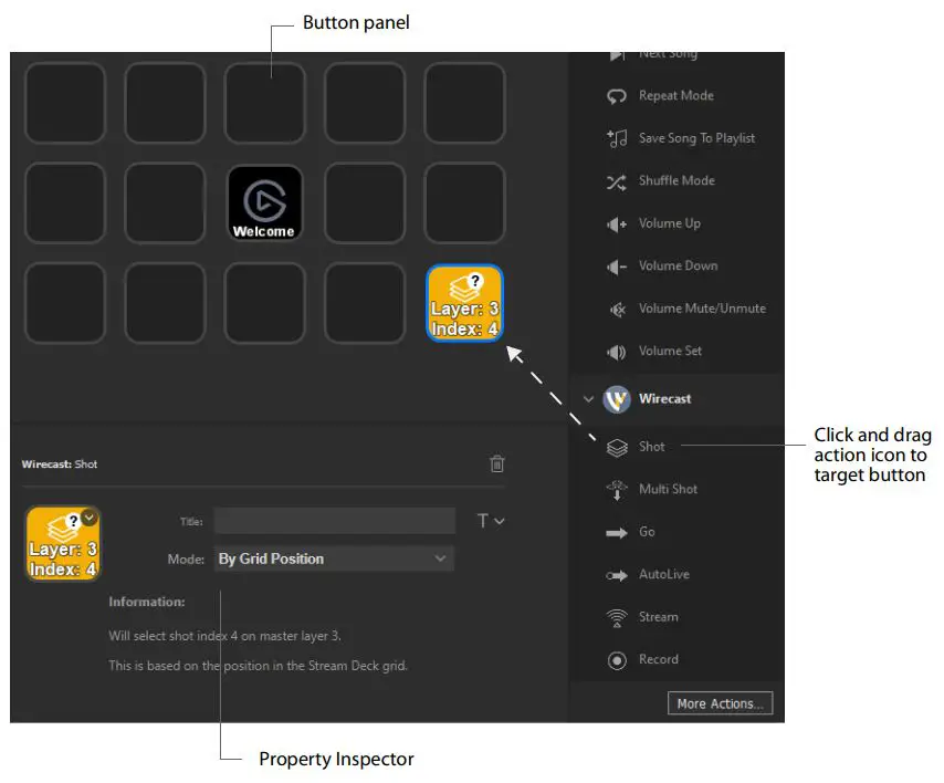 Telestream Wirecast Plugin for Stream Deck User Guide - The actions listed under Wirecast are