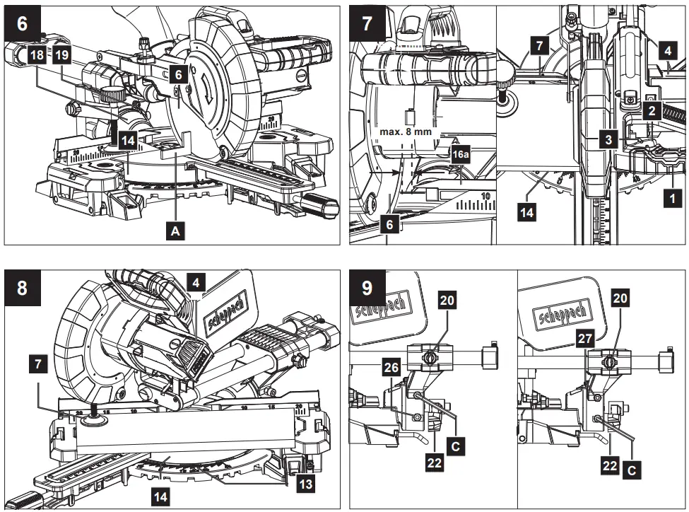 scheppach HM216SPX Slide Compound Mitre Saw Instruction Manual - Fig 6,7,8,9