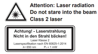 scheppach HM216SPX Slide Compound Mitre Saw Instruction Manual - Laser radiation Do not stare into the beam Class 2 laser
