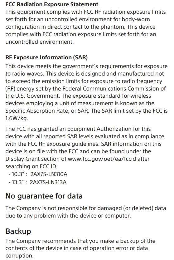 SONY DPT-RP1 13.3 Inch EL313xx Digital Paper System User Guide - FCC Radiation Exposure