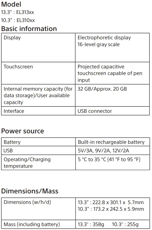 SONY DPT-RP1 13.3 Inch EL313xx Digital Paper System User Guide - Specifications