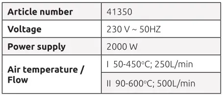 FF GROUP HG 2000 EASY Hot Air Gun - TECHNICAL DATA