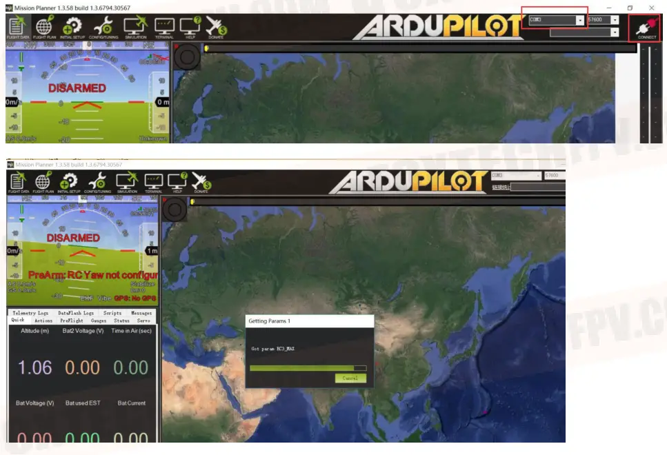 FOXTECH AYK-350 VTOL - Select correct Com port, and click CONNECT