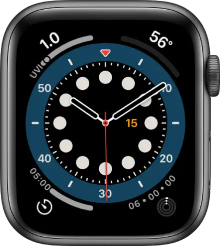 The Count Up watch face. It shows four complications: UV Index at the top left, Temperature at the top right, Timer at the bottom left, and Activity at the bottom right.