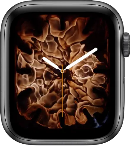 The Fire and Water watch face showing an analog clock in the middle and fire around it.