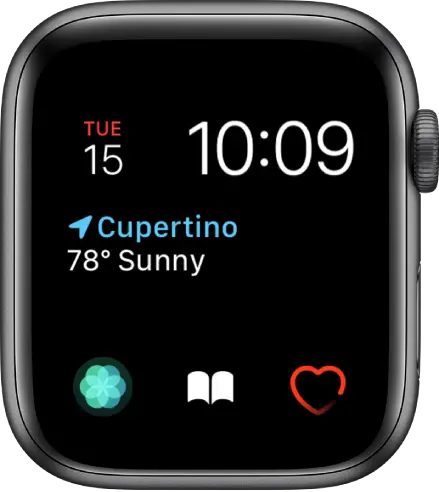 The Modular watch face, where you can adjust the color of the watch face. It shows the time and date near the top, the Weather Conditions complication in the middle, and three subdial complications along the bottom: Breathe, Audiobooks, and Heart Rate.