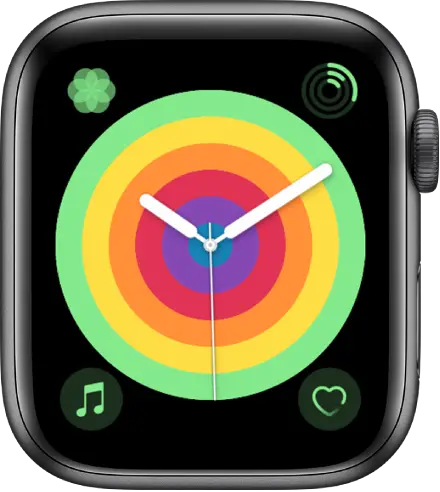 The Pride Analog watch face using the Circular style. There are four complications shown: Breathe at the top left, Activity at the top right, Music at the bottom left, and Heart Rate at the bottom right.