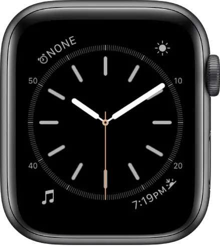 The Simple watch face, where you can adjust the color of the second hand and adjust the numbering and detail of the dial. There are four complications shown: Alarm at the top left, Weather at the top right, Music at the bottom left, and Sunrise/Sunset at the bottom right.