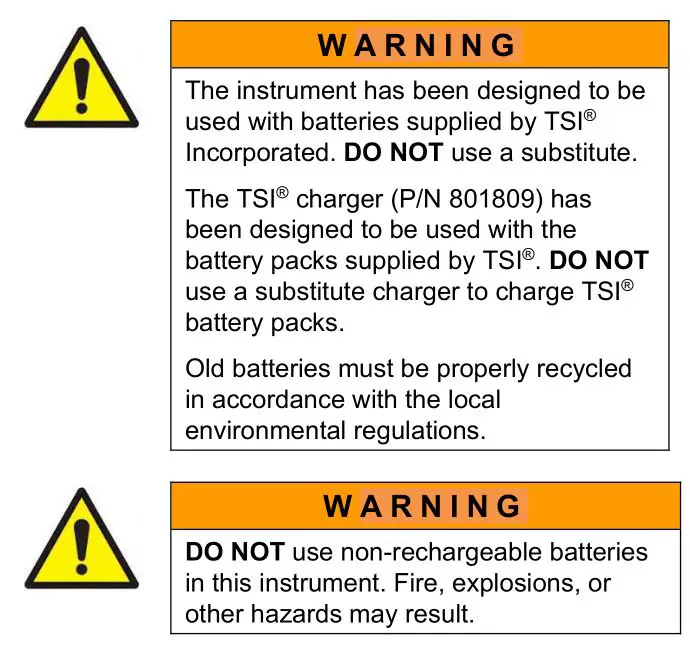 TSI 854036 Environmental DustTrak Rechargeable Battery System - warning