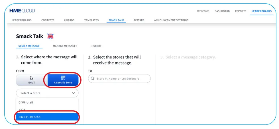 Smack Talk in HME Cloud on a Desktop Browser - dropdown