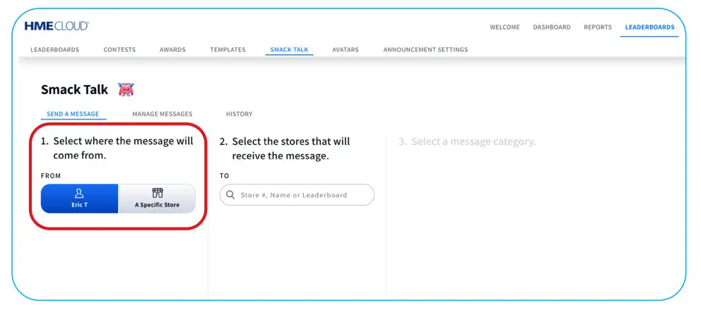 Smack Talk in HME Cloud on a Desktop Browser - home message