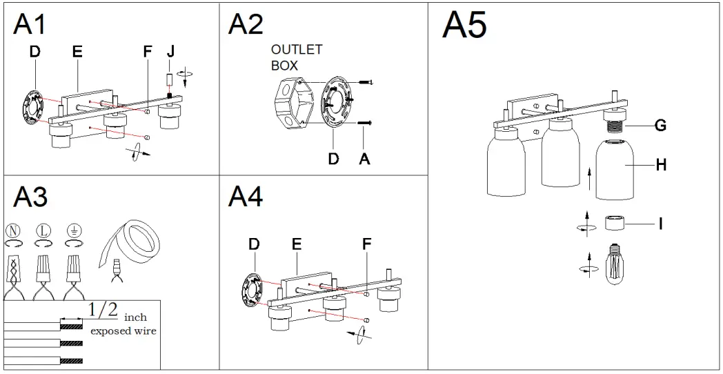 ZEVNI A04606 Bamako 20-in 3-Light Brass-Black Modern-Contemporary Vanity Light - Fig 2
