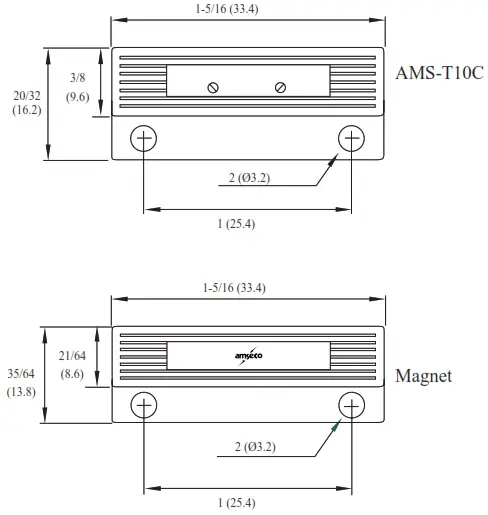 POTTER AMS-10 Series Mini Surface Mount Magnetic Contact - Dimensions