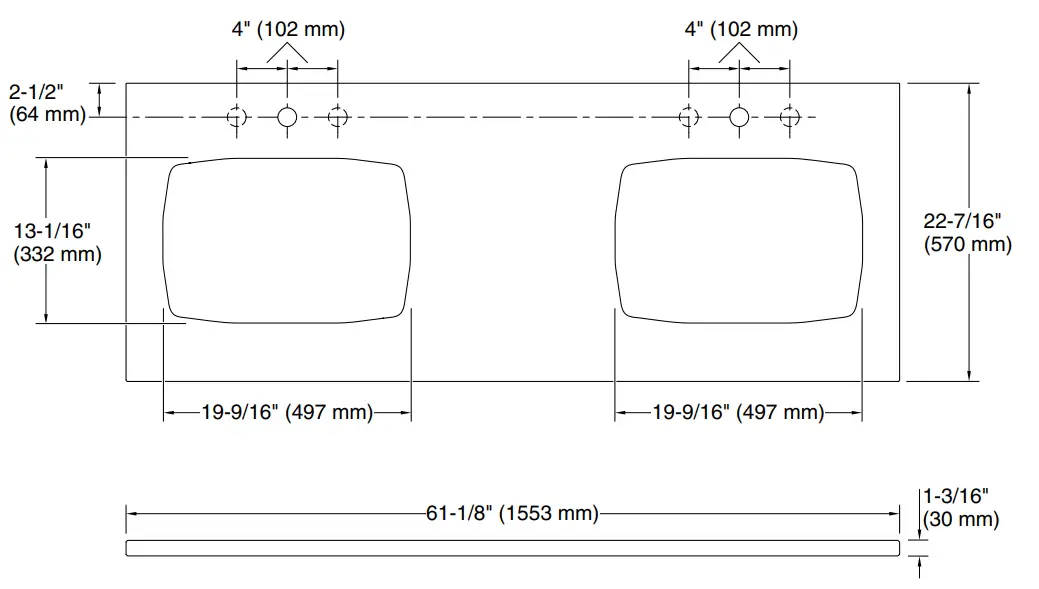 KOHLER K-28257 Silestone Quartz 61 Inch Vanity Top with Double Carillon Rectangle Cutouts - Technical Information