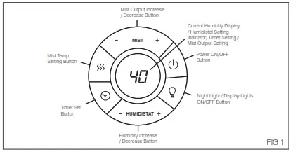 Homedics UHE-WM68 Cool and Warm Mist Ultrasonic - Control Panel