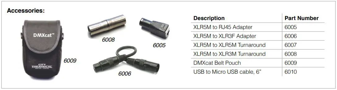 CITY THEATRICAL CIT6000 DMXcat Multi Fixture Test Tool User Manual - Accessories