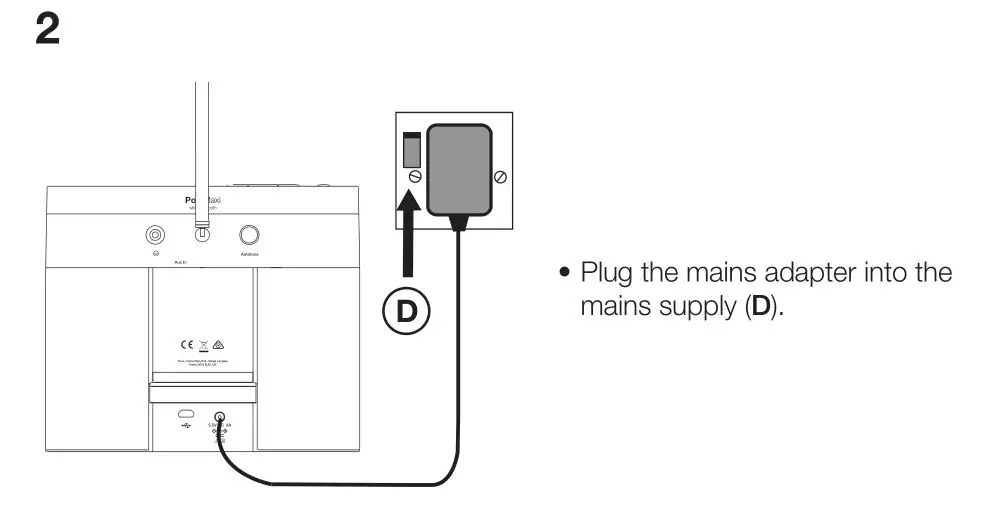 PURE Pop Maxi with Bluetooth Stereo DAB Digital and FM Radio - Plug the mains adapter into the mains supply (D)