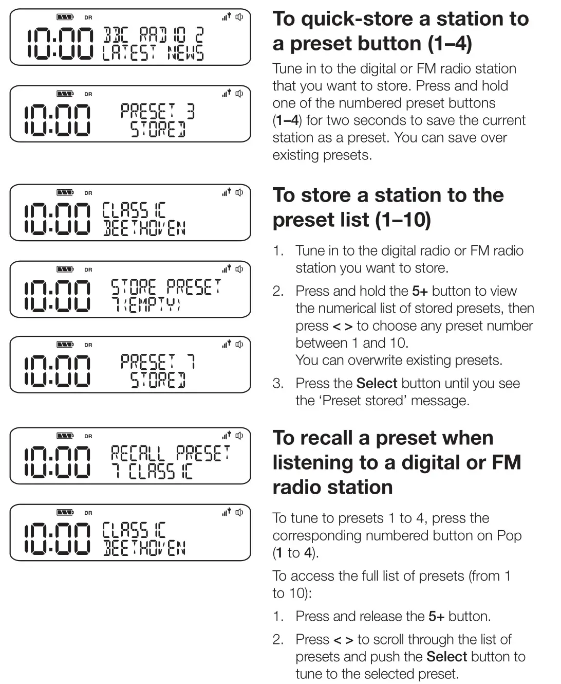 PURE Pop Maxi with Bluetooth Stereo DAB Digital and FM Radio - Storing and selecting presets