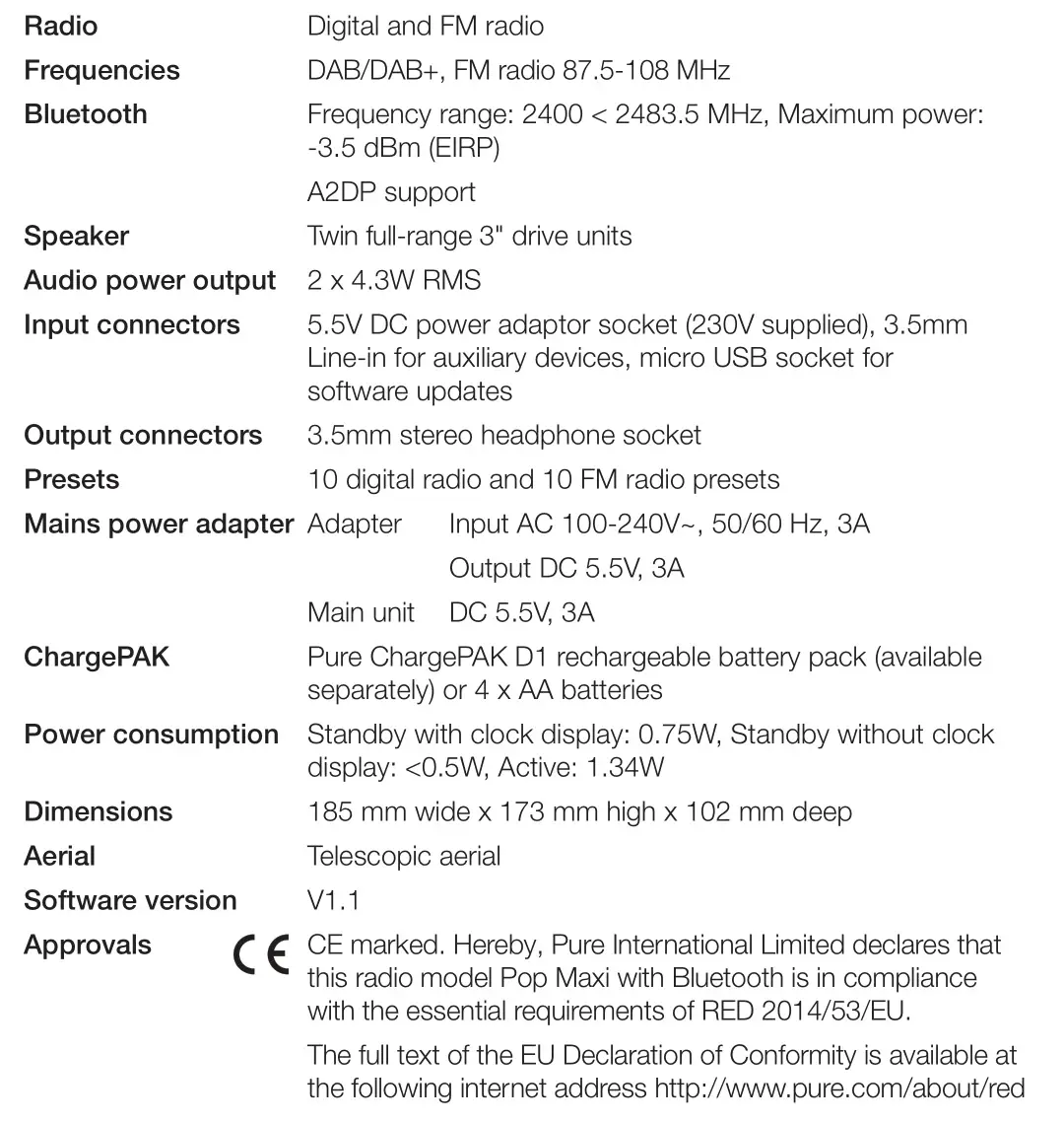 PURE Pop Maxi with Bluetooth Stereo DAB Digital and FM Radio - Technical specifications