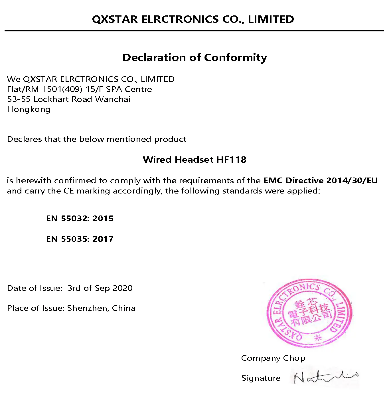 Declaration of Conformity