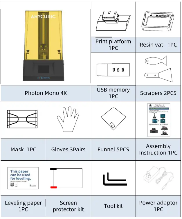 ANYCUBIC Photon Mono 4K LCD Resin 3D Printer - pakaging list