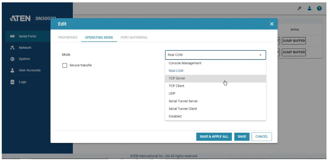ATEN SN3001 1 Port RS 232 Secure Device Server  - ATEN SN3001 1 Port RS 232 Secure Device Server  - dropdown