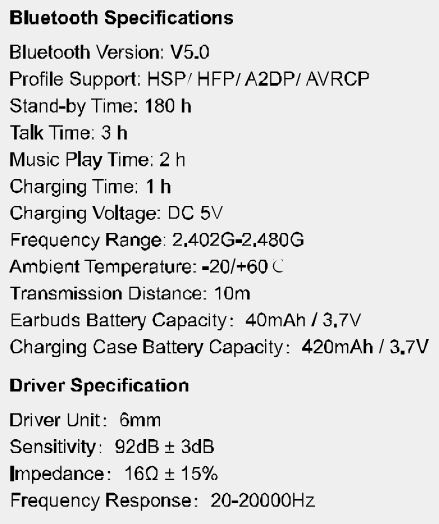 awei Bluetooth Earphone T5 - Specifications