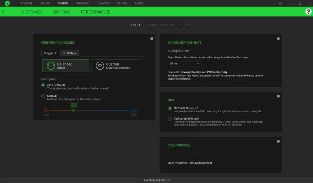 Changing the performance mode in Synapse 3