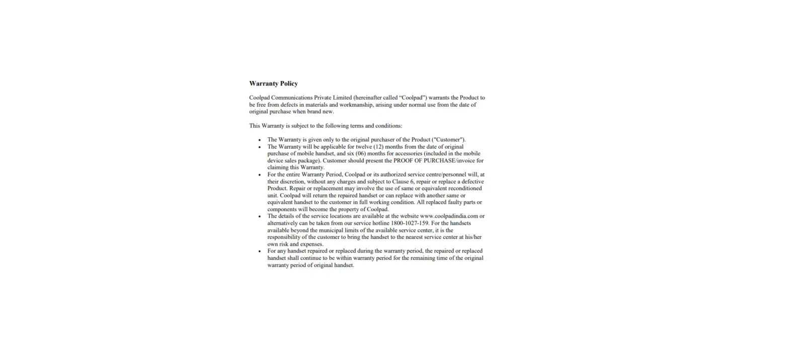 Coolpad Warranty Policy Coolpad Warranty Policy