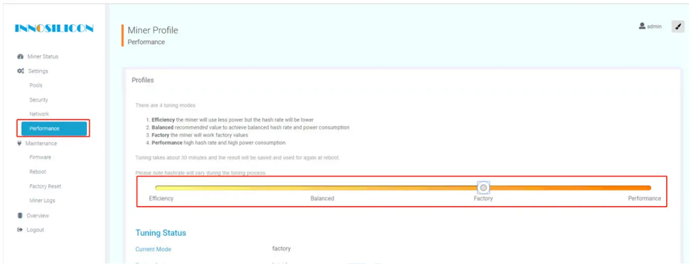 INNOSILICON T2T 24T BTC Mining Machine - CHANGE THE OPERATE MODE