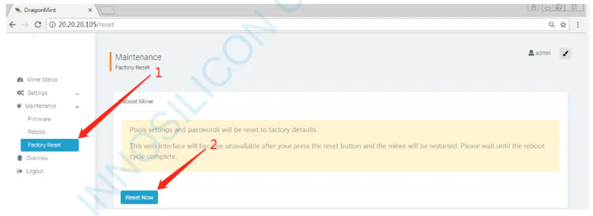 INNOSILICON T2T 24T BTC Mining Machine - FACTORY RESET