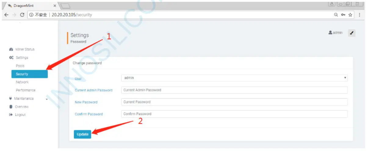 INNOSILICON T2T 24T BTC Mining Machine - MODIFY THE PASSWORD