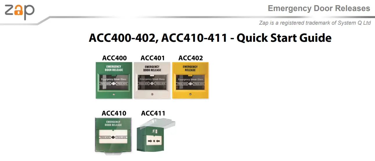 zap ACC400 Emergency Door Releases User Guide