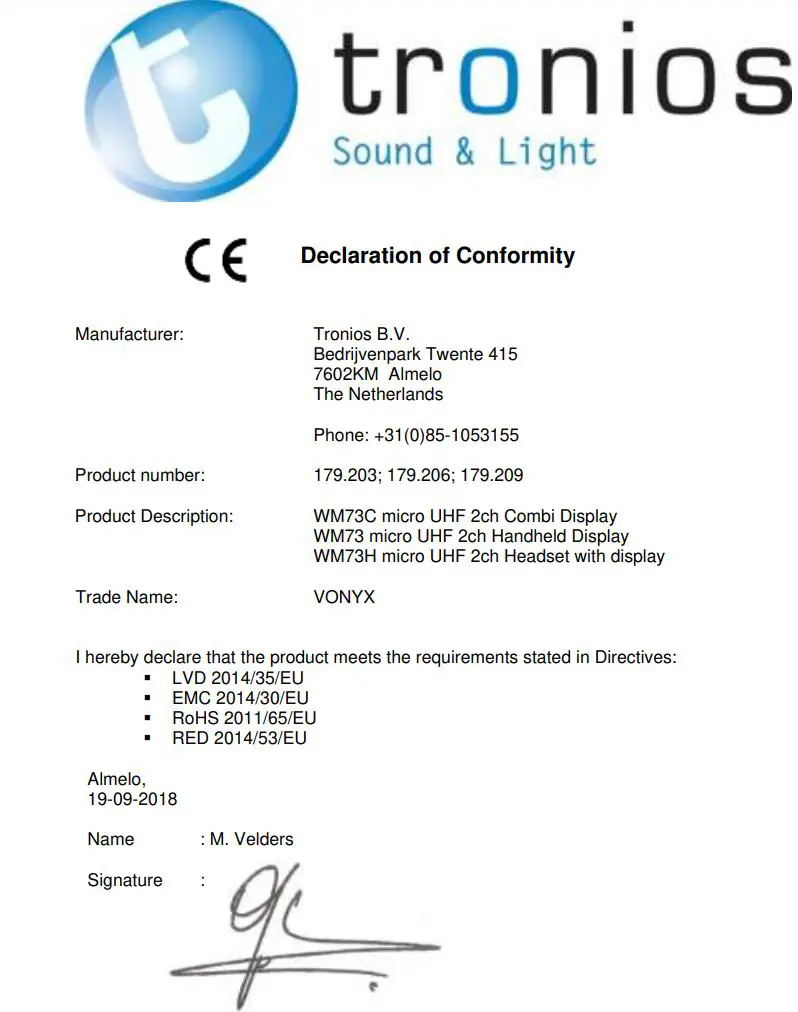 VONYX 179.203 WM73C Mic. UHF 2ch Combi with Display Instruction Manual - CE icon
