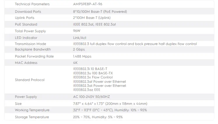 AMCREST AMPS9E8P-AT-96 9-Port POE+ Power Over Ethernet POE Switch-3