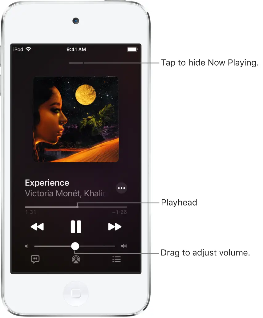 The Now Playing screen showing the album art. Below are the song title, artist name, More button, playhead, play controls, volume slider, Lyrics button, Playback Destination button, and Queue button. The Hide Now Playing button is at the top.