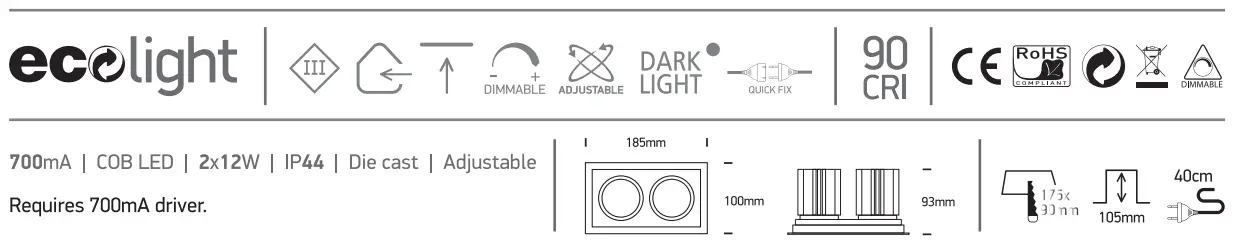 one LIGHT 51212E 2x12W LED Dark Light Recessed Adjustable Spot - sambol 1