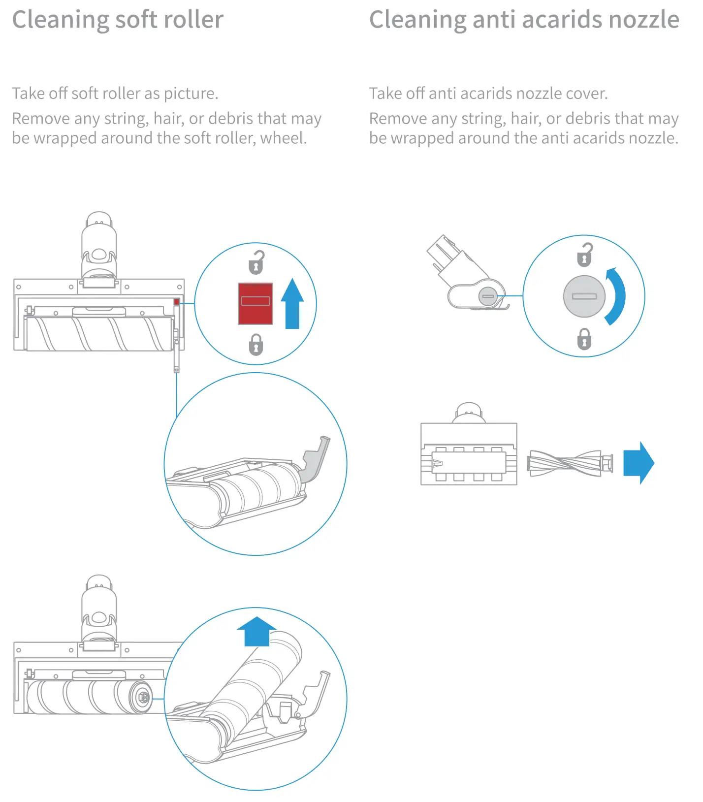 dreame V9 Cordless Vacuum Cleaner - Cleaning soft roller, Cleaning anti acrids nozzle