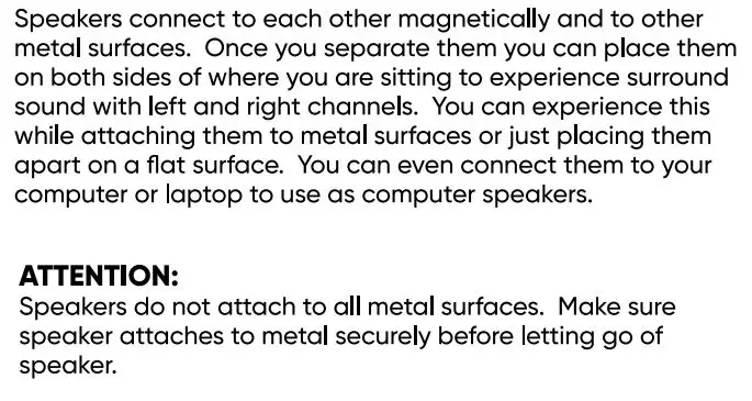 China Etech Groups SPBTMAGTWS PODS True Wireless Magnetic Speaker User Guide - Magnetic Base & Surround Sound