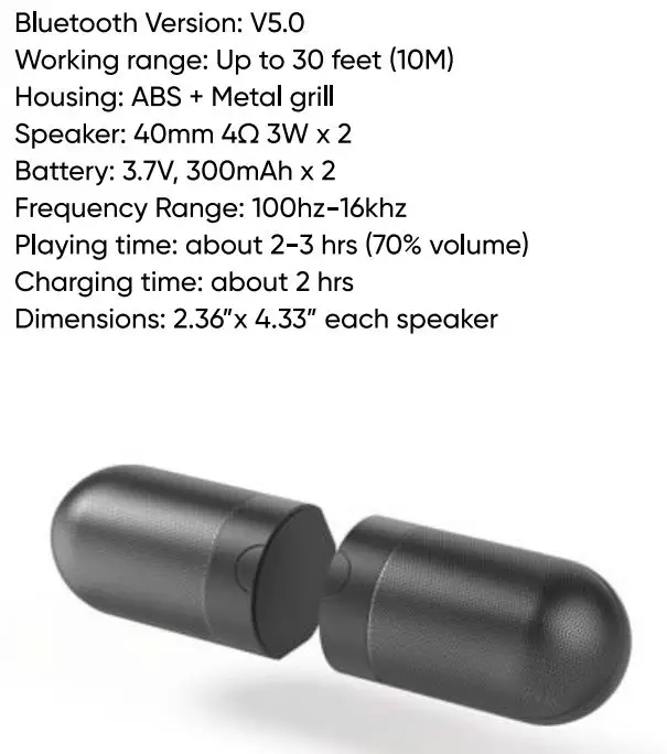 China Etech Groups SPBTMAGTWS PODS True Wireless Magnetic Speaker User Guide - Specifications