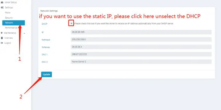 INNOSILICON T2TS-26T BTC Miner Bitcoin Miner 1980W SHA-256 include PSU and Power Cord - Network configuration