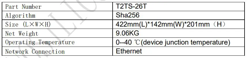 INNOSILICON T2TS-26T BTC Miner Bitcoin Miner 1980W SHA-256 include PSU and Power Cord - Specifications