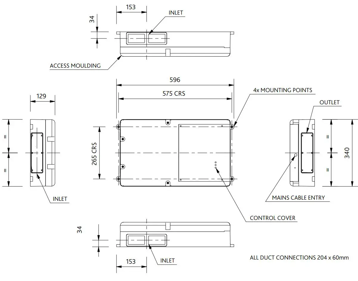 nuaire MEV-ECO-CF Continuous Mechanical Extract Unit Installation Guide - Unit Dimensions