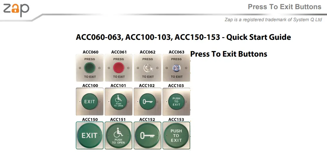zap ACC060 Press To Exit Buttons User Guide