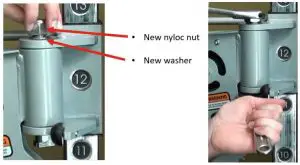 Install the new washer and new nyloc nut