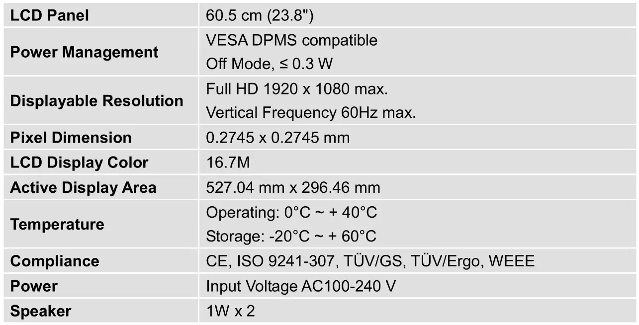 terra LCD LED 2456W PV - Technical Specification