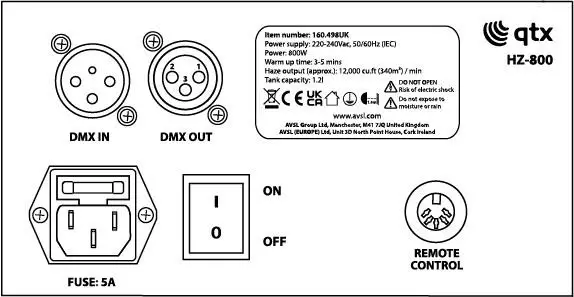 qtx HZ-800 Haze Machine with RF Remote- Rear Panel