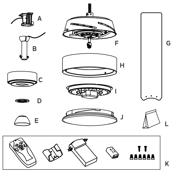 KICHLER 300322 52 Inch Compass LED Ceiling Fan - PACKAGE CONTENTS
