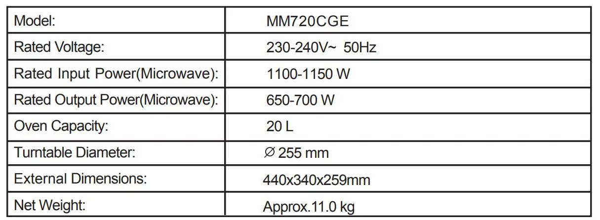 Midea MM720CGE Microwave and Electronic Oven - Specifications