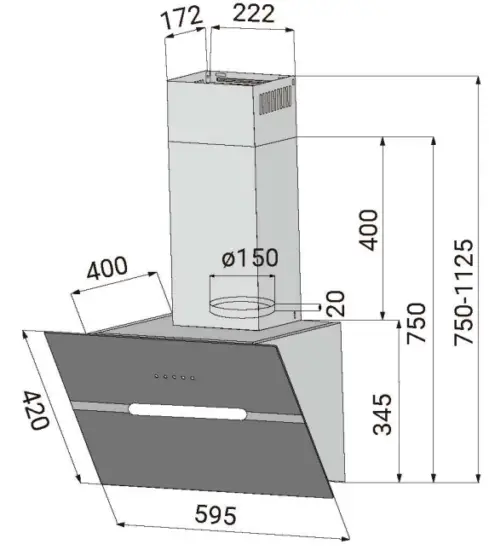 CIARRA 736F H Touch Control Angled Cooker Hood - Specifications